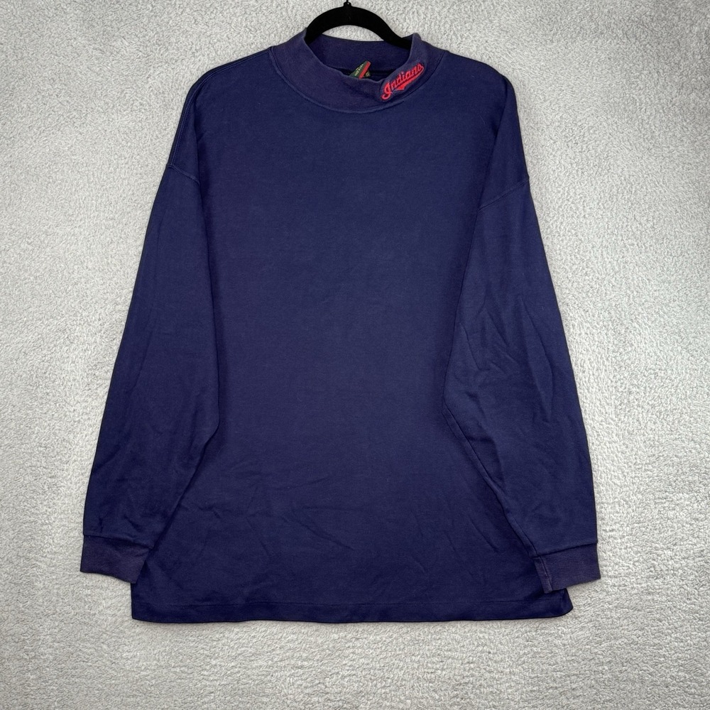 VTG Cleveland Indians Cross‎ Creek Blue LS Embroidered Turtleneck USA Mens XL